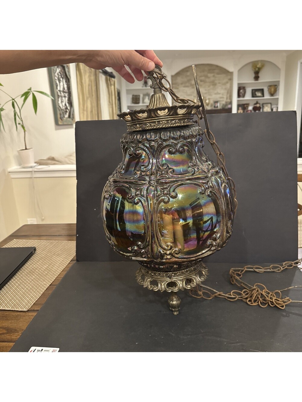 Vintage Claire Falkenstein Swag Lamp Carnival Glass Gorgeous 24” H By 12” W